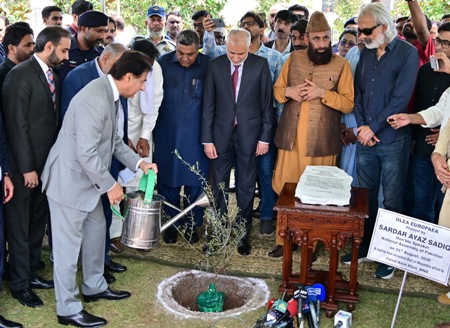 Islamabad, 25.08.2026: Speaker National Assembly Sardar Ayaz Sadiq planting a sapling of Olea Europaea in front of Parliament House. The sapling was gifted by MNA Faisal Amin Khan from Jerusalem, Bait-ul-Muqaddas